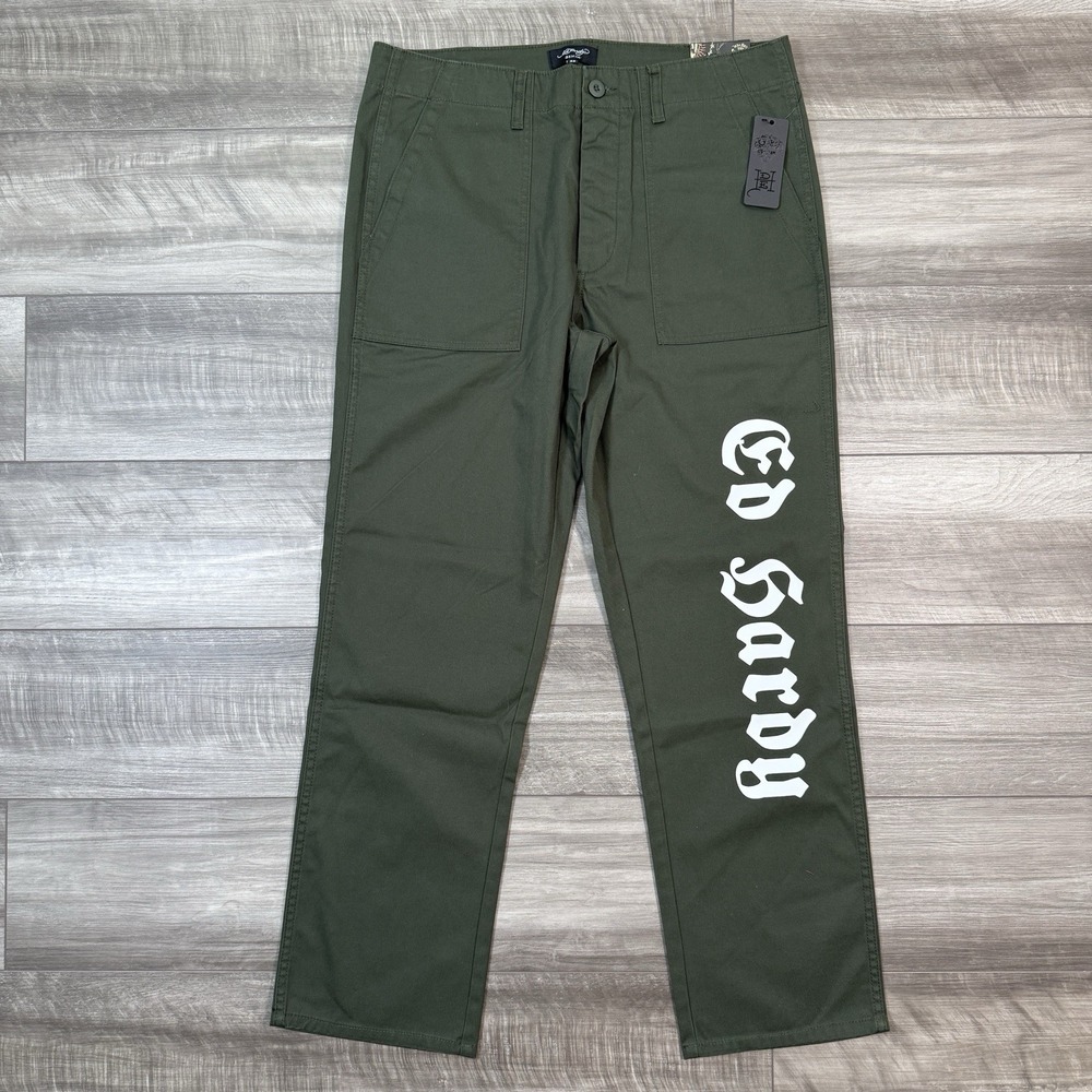 Ed Hardy Men's Screaming Tiger Straight Pants Utility Y2K Olive Size 32 NEW - Picture 2 of 8